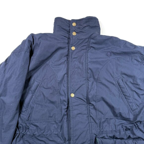 Fred Perry Parka Jacket Blue Mens Large Zip Snap Winter Quilted Interior Coat - Picture 7 of 14